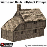 Wattle and Daub Hollyhock Cottage - King and Country - Printable Scenery Terrain Wargaming D&D DnD 10mm 15mm 20mm 25mm 28mm 32mm 40mm 54mm Painted options - Only-Games