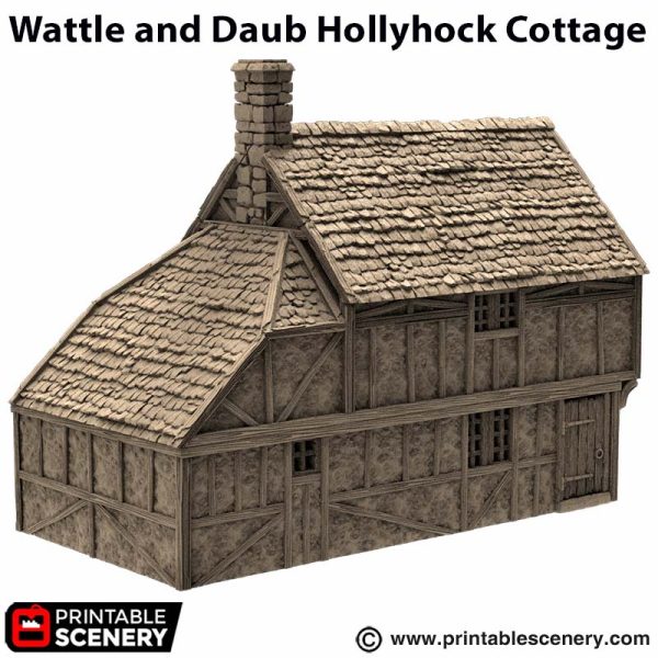 Wattle and Daub Hollyhock Cottage - King and Country - Printable Scenery Terrain Wargaming D&D DnD 10mm 15mm 20mm 25mm 28mm 32mm 40mm 54mm Painted options - Only-Games