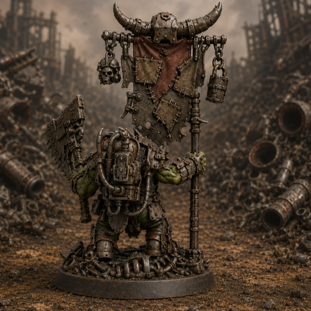 Skrapper Banner Boss - Sci-Fi Orc Warlord Miniature | Scrap-Tech | Original Custom Wargaming 40mm
