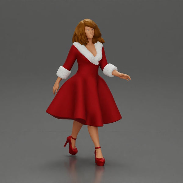 Festive Elegance Woman in Red Dress with Fur Trim