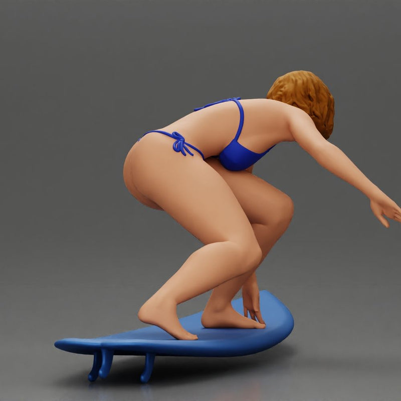 Confident surfer woman in a bikini, riding a wave on her surfboard