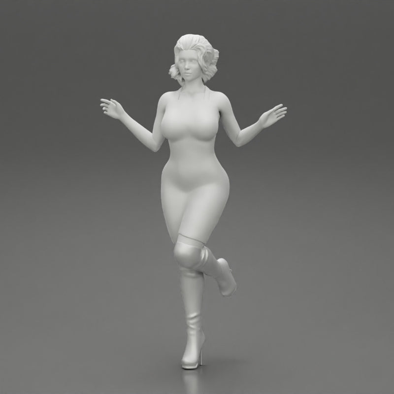 Woman in Mini Dress is Standing on One Leg - Only-Games