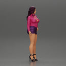 attractive woman posing in an open jacket and mini skirt next to a car with long hair - Only-Games