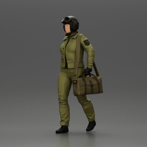 Pilot Woman Walking with Military Helmet and Emergency Shoulder Bag