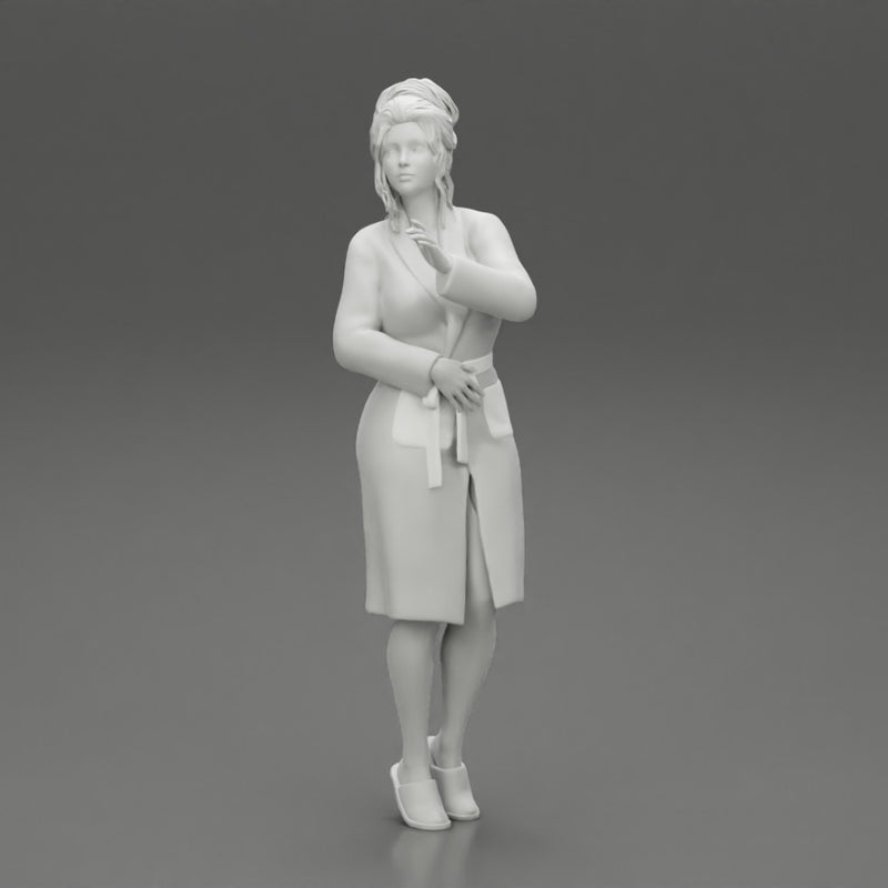 woman in a white bathrobe standing - Only-Games