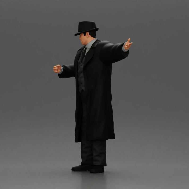 mafia man in gangster costume stands confidently while gesturing with his hands as if presenting something