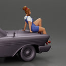 sexy girl in short denim overalls and heels is sitting on the car - Only-Games