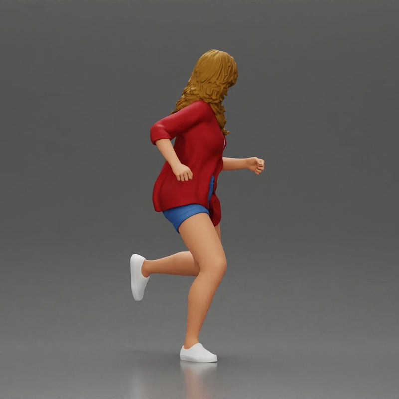 Afraid young woman running in an open shirt and shorts with a determined expression