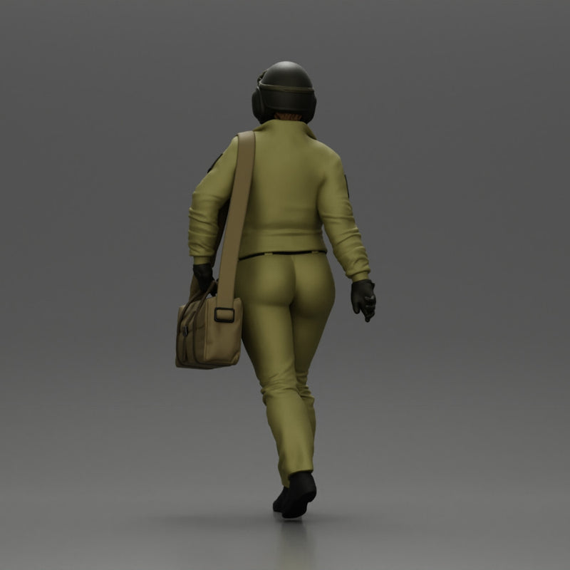 Pilot Woman Walking with Military Helmet and Emergency Shoulder Bag