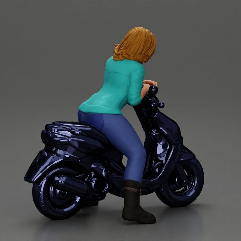 Girl sitting on a scooter, wearing an open jacket