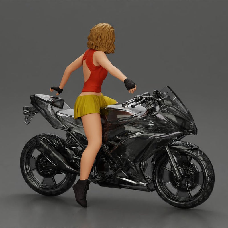 Sexy girl with short hair rides a motorbike in mini skirt