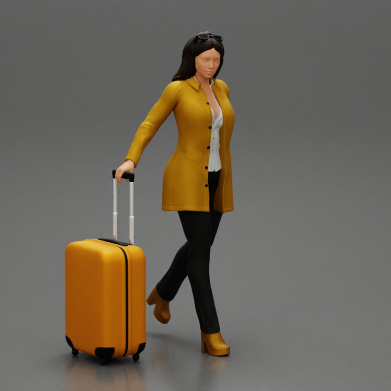 Business woman in manteau dragging suitcase  walking in airport terminal - Only-Games