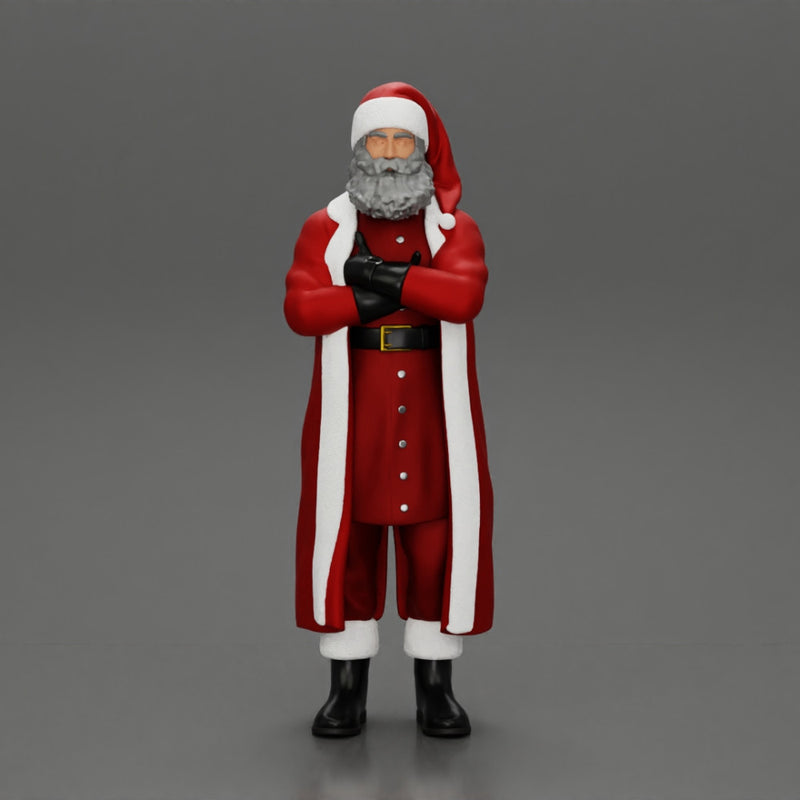 Santa Claus stands with his arms crossed