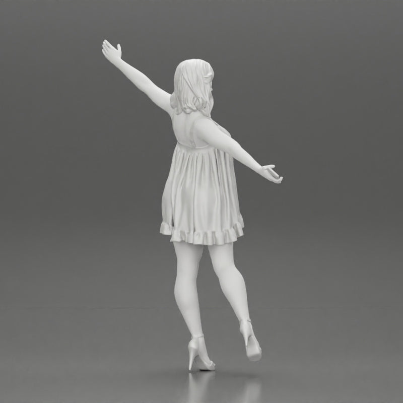 Happy Young Woman in dress and heels Standing on One Leg holding phone - Only-Games