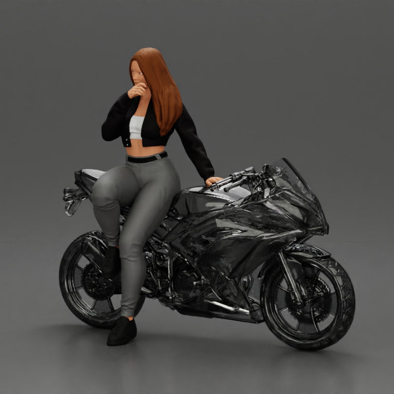 Beautiful girl in sunglasses and  mini jacket sitting on the motorbike