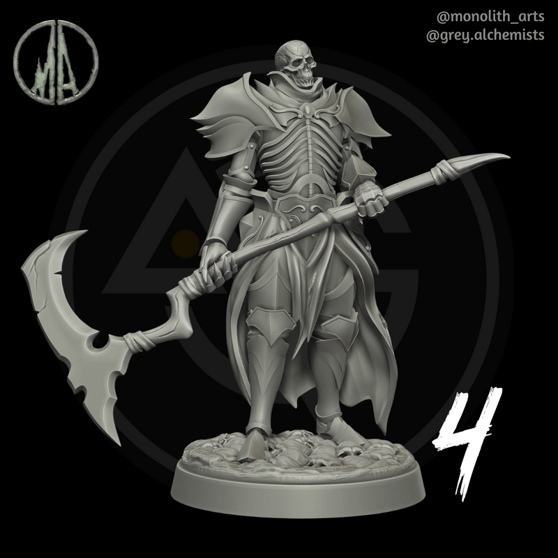 Skeleton Knight with Scythe - Set of 4 Different Poses - Fantasy Resin Miniatures in 32mm - DnD Monsters