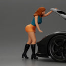Curious Woman in mini skirt Checking Under the Hood of a Sleek Car - Only-Games