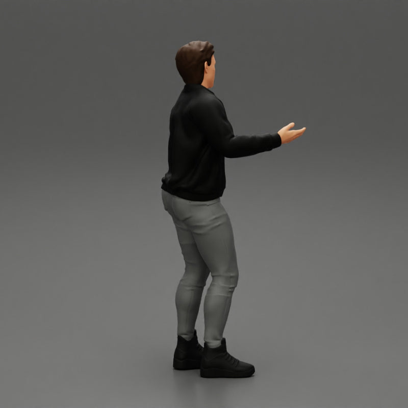 young man standing and explaining with hands - Only-Games