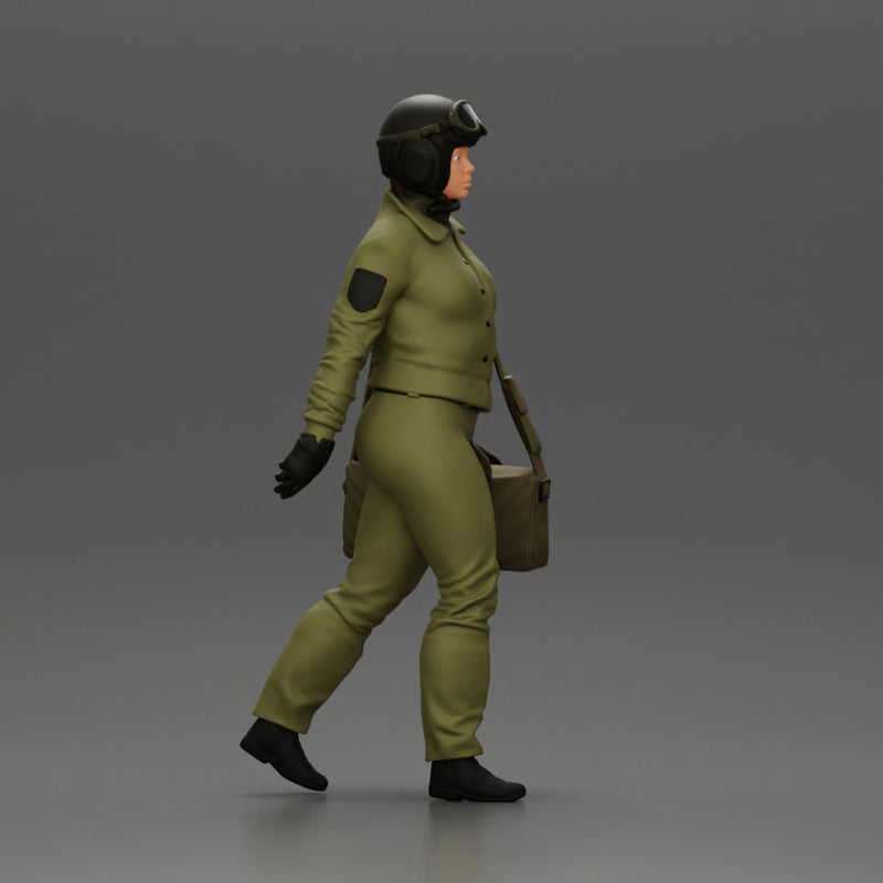 Pilot Woman Walking with Military Helmet and Emergency Shoulder Bag