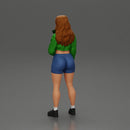 sporty happy girl standing in mini jacket and short with long hair - Only-Games