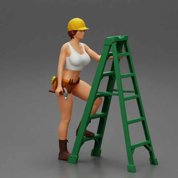 Young girl in helmet mechanic climbing the ladder