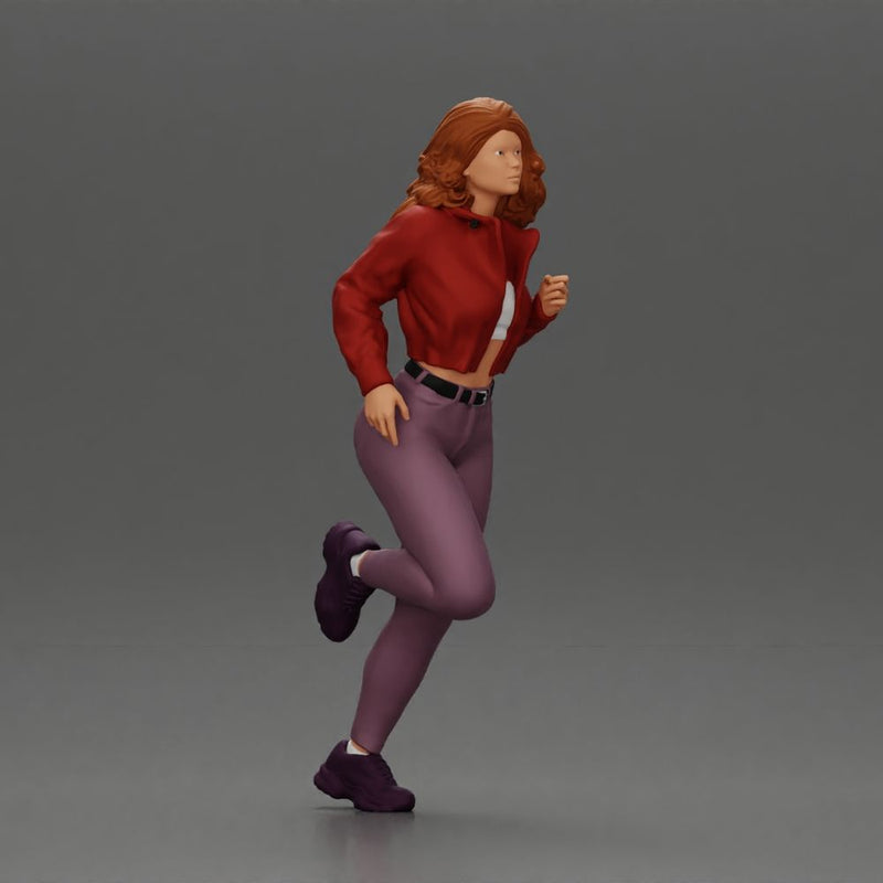 Girl with long hair running away in a jacket