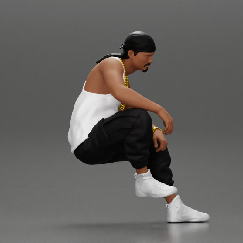 gangster homie in a gold chain and durag is sitting and thinking