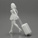 2 Young woman in sexy dress and boots pulling suitcase  walking in airport terminal - Only-Games