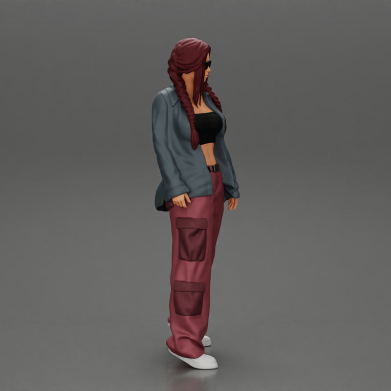gangster homies lowrider girl posing in long open shirt with long pigtail - Only-Games