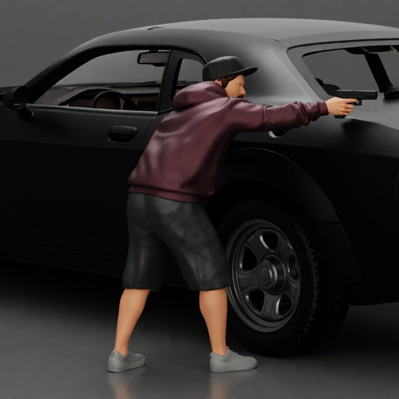 gangster man in a hoodie and cap shooting a gun behind the car