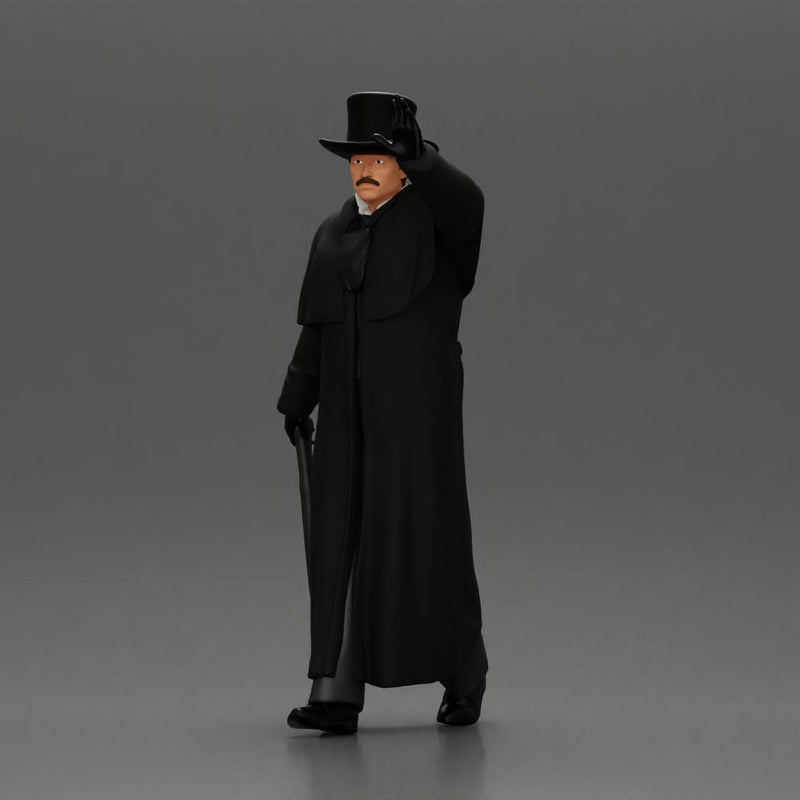 man in long coat, resembling a mafia boss walking