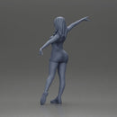 Dynamic woman striking a joyful pose in sporty red outfit - Only-Games