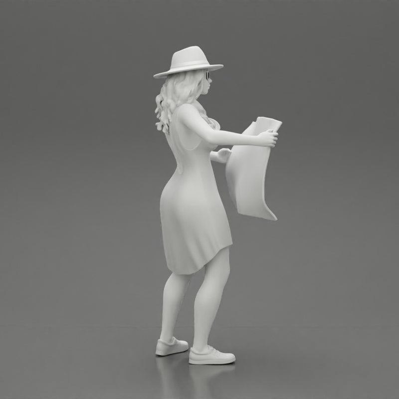 travel woman in hat and dress with sun glasses holding a map and looking to the map - Only-Games
