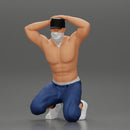 Gangster in mask and cap sitting putting his hands behind head about to be arrested - Only-Games