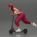 girl in overalls suit and cap riding fast an electric scooter - Only-Games