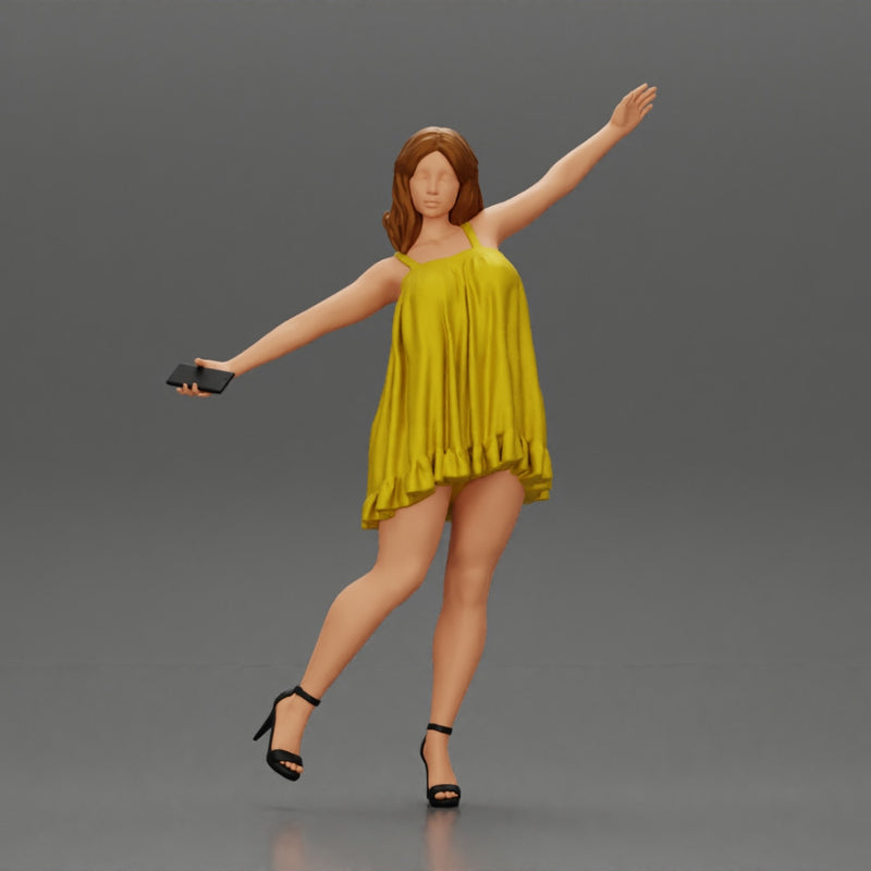 Happy Young Woman in dress and heels Standing on One Leg holding phone - Only-Games