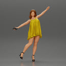 Happy Young Woman in dress and heels Standing on One Leg holding phone - Only-Games