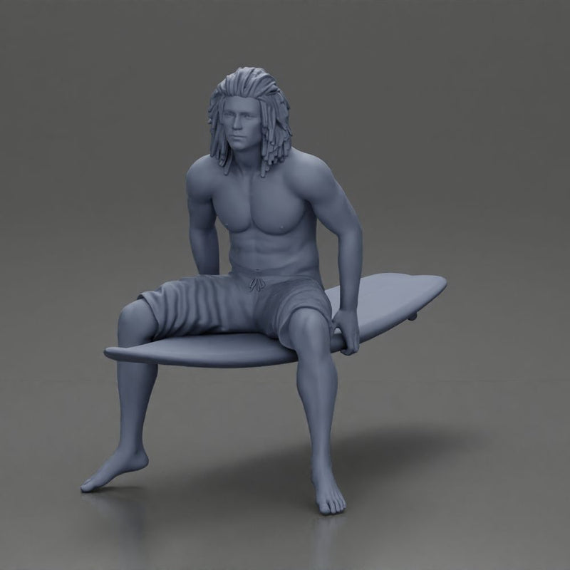 Long-Haired Surfer Sitting on a Surfboard in Calm Ocean Waters, Waiting for the Waves