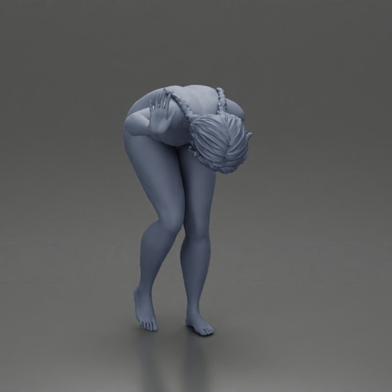 Naked girl holding her stomach and placing her hand on the wall due to stomach pain - Only-Games