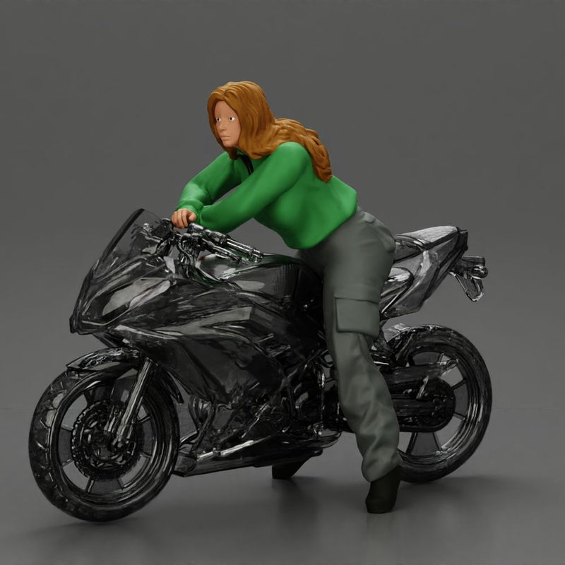 motorcyclist woman hoodie sitting on motorcycle