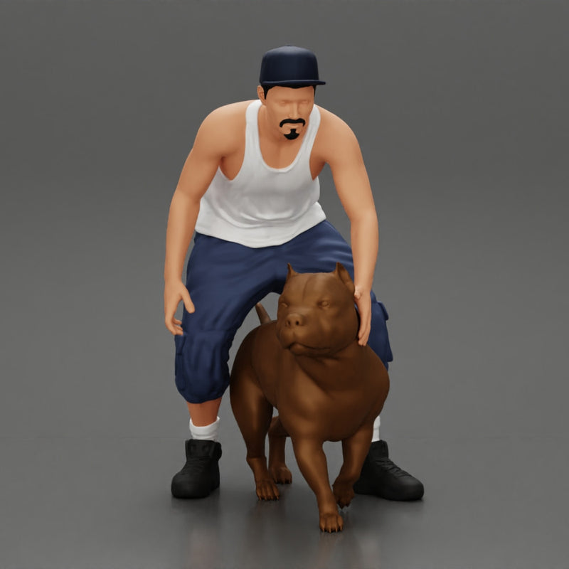 gangster homie in cap and short with his pitbull dog on the street - Only-Games