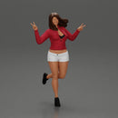 happy girl in a mini jacket and shorts, jumping on one leg - Only-Games