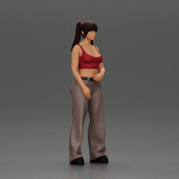 Chola girl with pigtails standing in flared pants