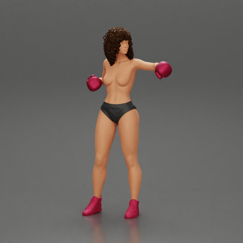 black naked breasts woman in boxing gloves with curly hair ready to finish off her opponent - Only-Games