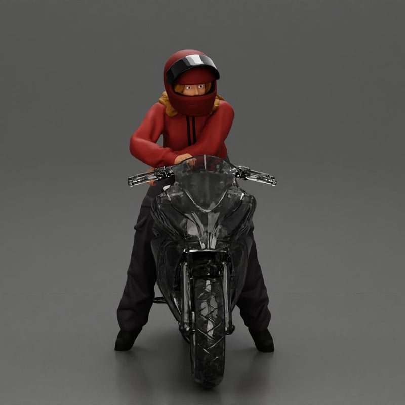 motorcyclist woman in helmet and hoodie sitting on motorcycle