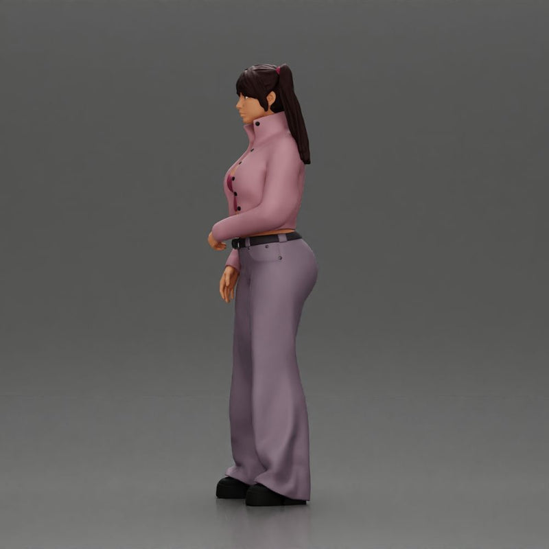 Chola girl with pigtails standing in jacket and flared pants