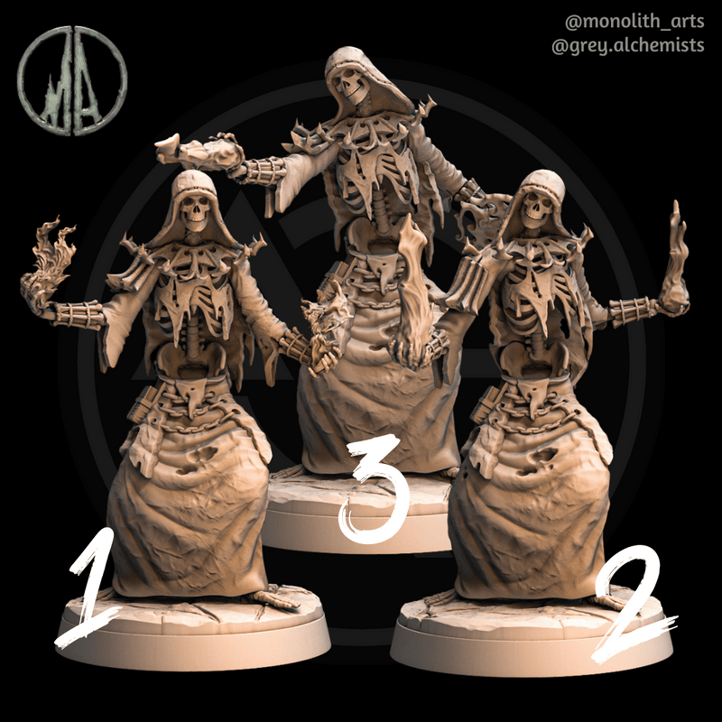 Skeleton Mage - Set of 3 Different Poses - Fantasy Resin Miniatures in 32mm - DnD Monsters