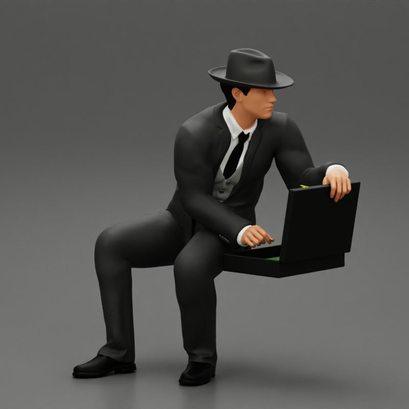 2 Models - businessman in hat sitting and holding briefcase of money - Only-Games
