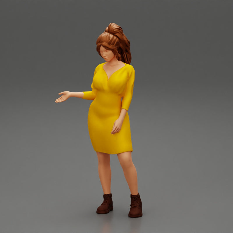 woman explaining pose wearing dress and boot - Only-Games