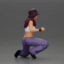 Young girl wearing a hat and pants sitting holding a sign and hitchhiking - Only-Games